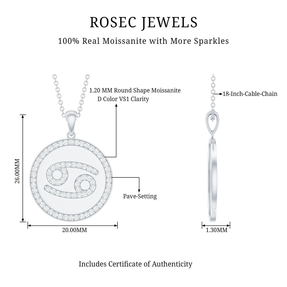 Pave Set Moissanite and Disc Cancer Sign Necklace