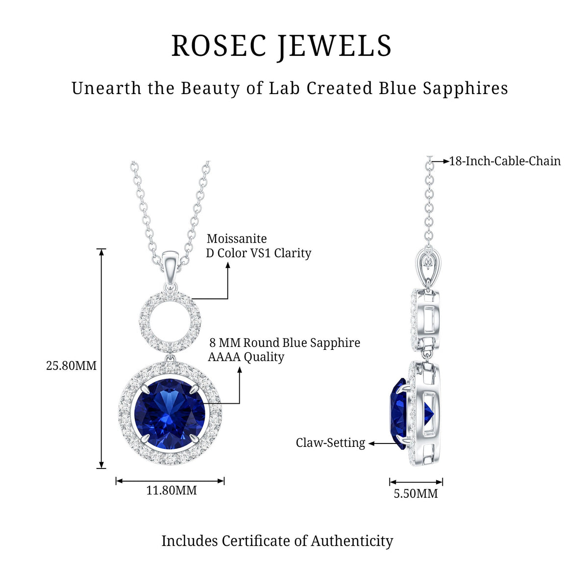 Lab Grown Blue Sapphire Halo Pendant with Moissanite