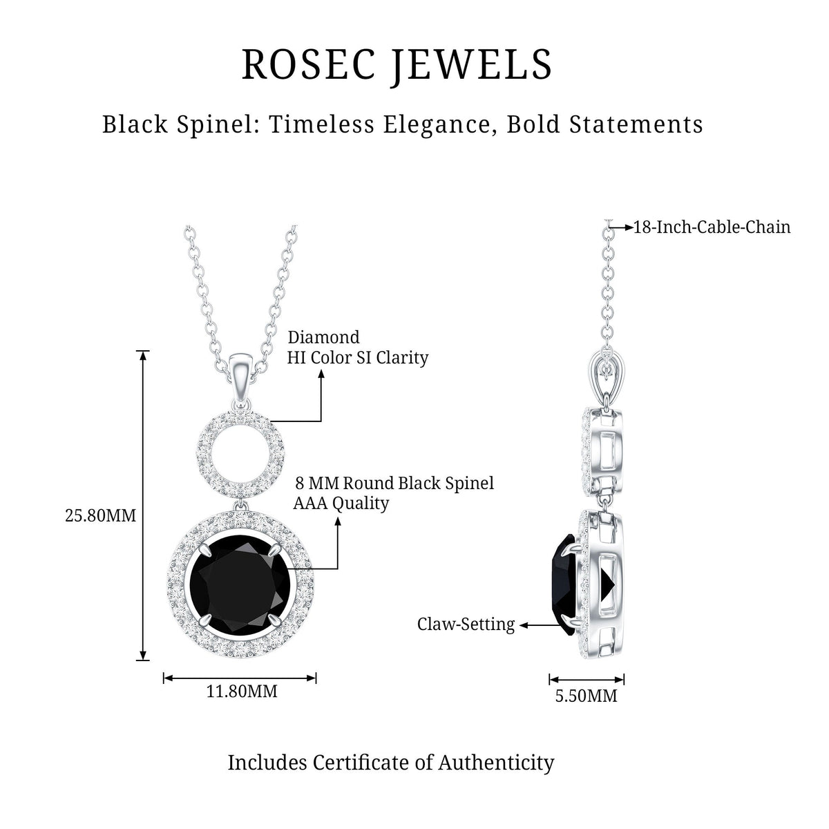 Real 2.6 Carat Black Spinel Drop Pendant Necklace with Diamond