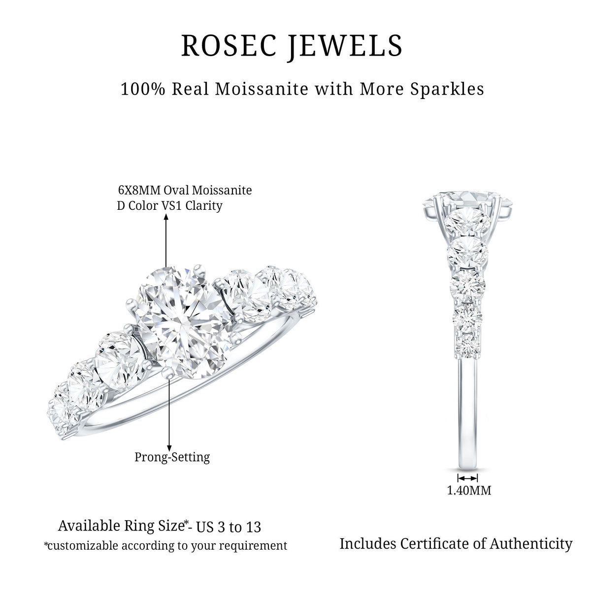 1.2 Carat Oval Cut Moissanite Side Stone Engagement Ring