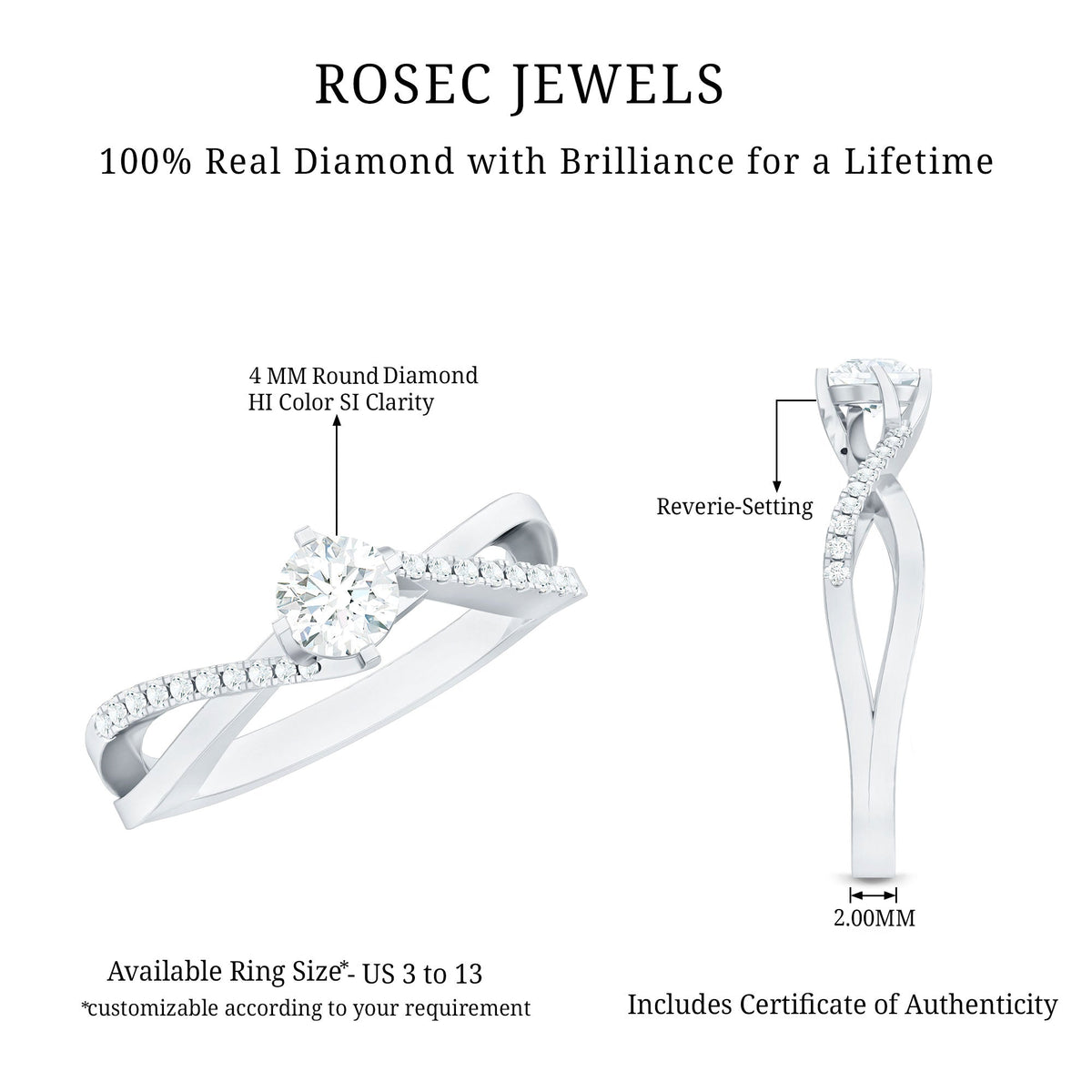 Minimal Diamond Engagement Ring with Crossover Shank