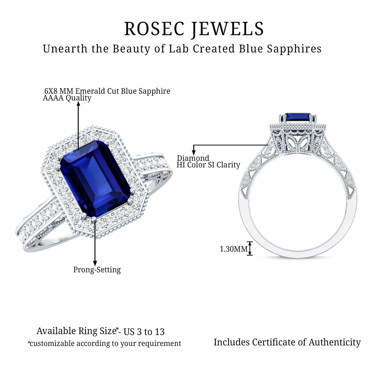 Certified 1.7 Carat Lab Grown Blue Sapphire Emerald Cut Engagement Ring with Diamond Halo