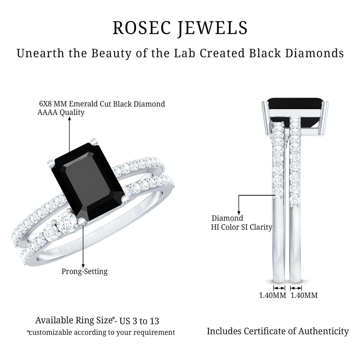 Emerald Cut Created Black Diamond Ring Set with Diamond