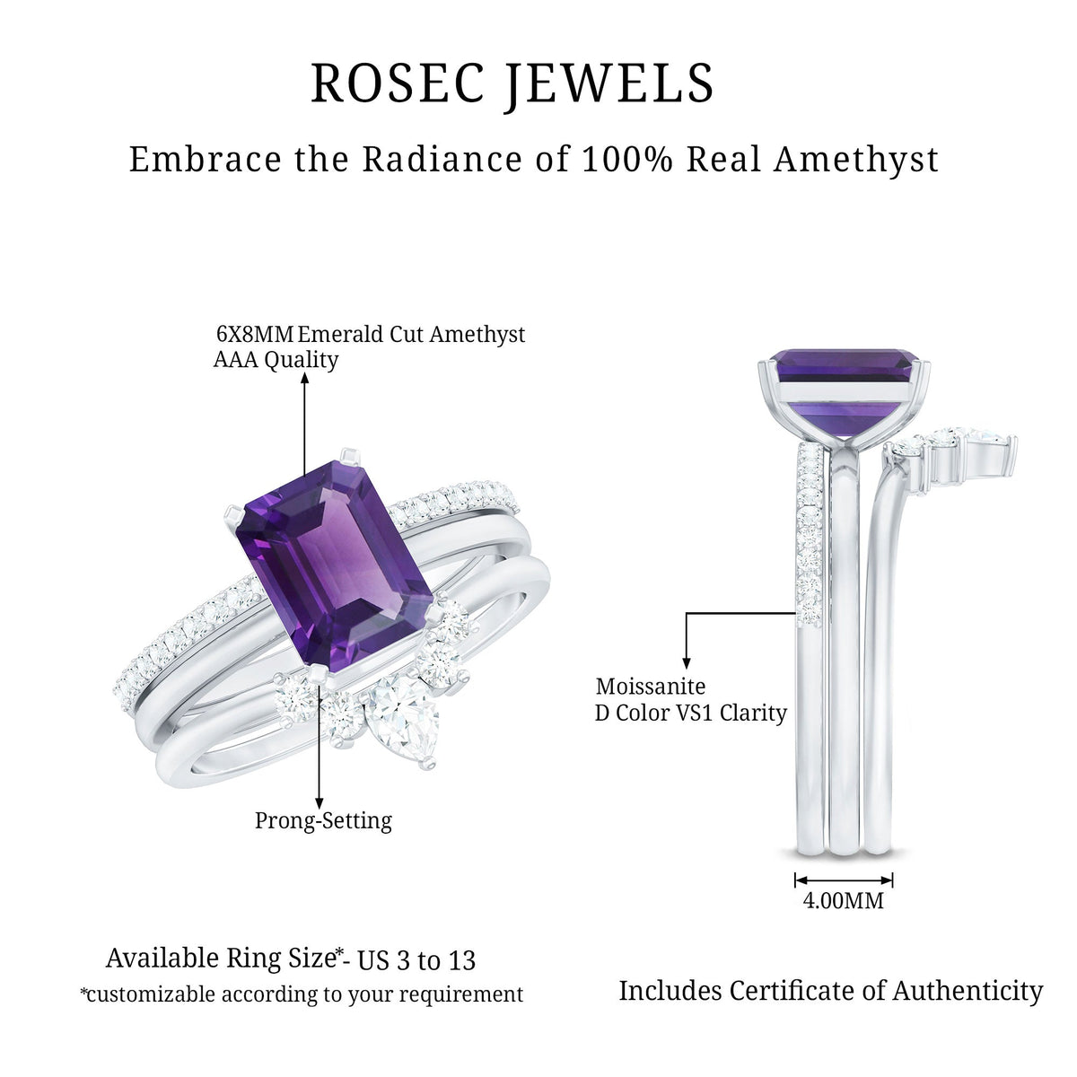 Natural 1.4 Carat Amethyst 3 Piece Bridal Ring Set with Diamond