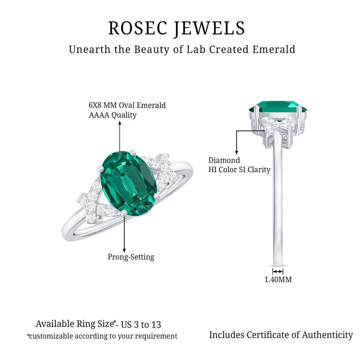 Certified 1.2 Carat Oval Lab Grown Emerald Engagement Ring with Diamond