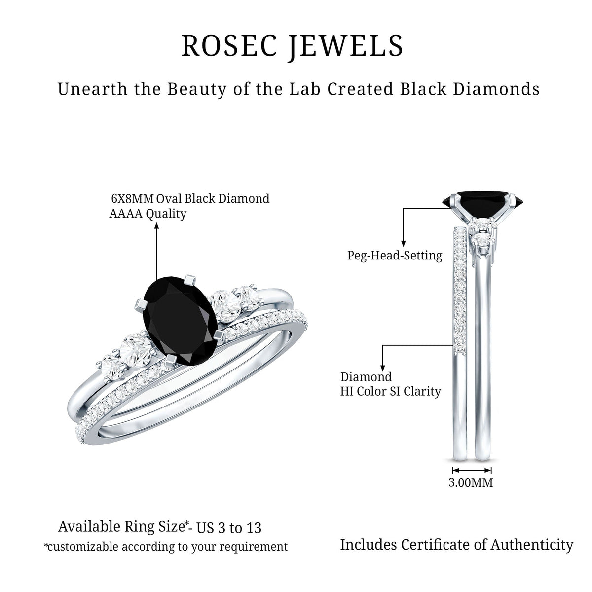 Certified Oval Lab Grown Black and White Diamond Wedding Engagement Ring Set