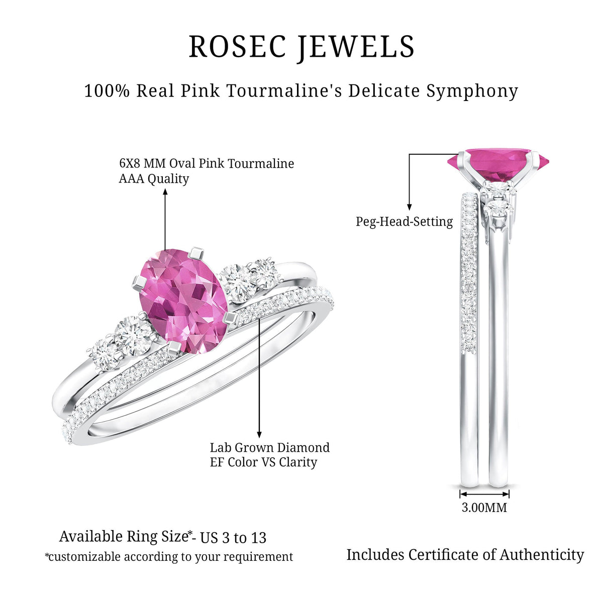 Oval Pink Tourmaline Engagement Ring with Lab Grown Diamond Wedding Band