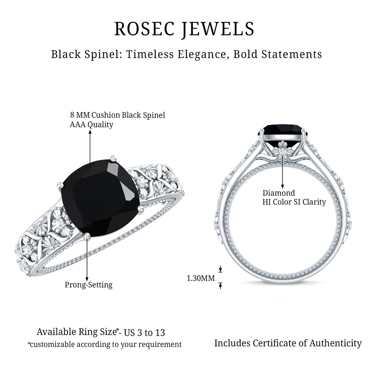 Genuine 2 Carat Black Spinel Vintage Engagement Ring with Diamond