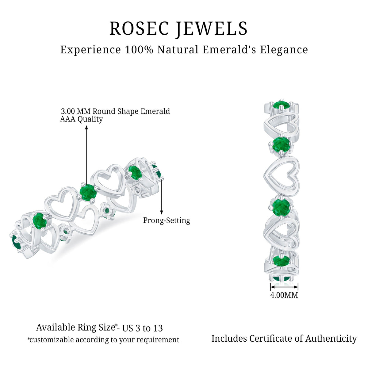 Minimalist Emerald Heart Shape Wedding Band