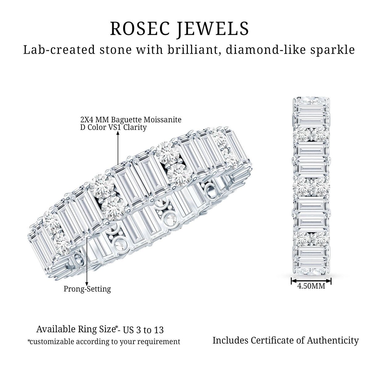 Round and Baguette Cut Moissanite Eternity Wedding Band