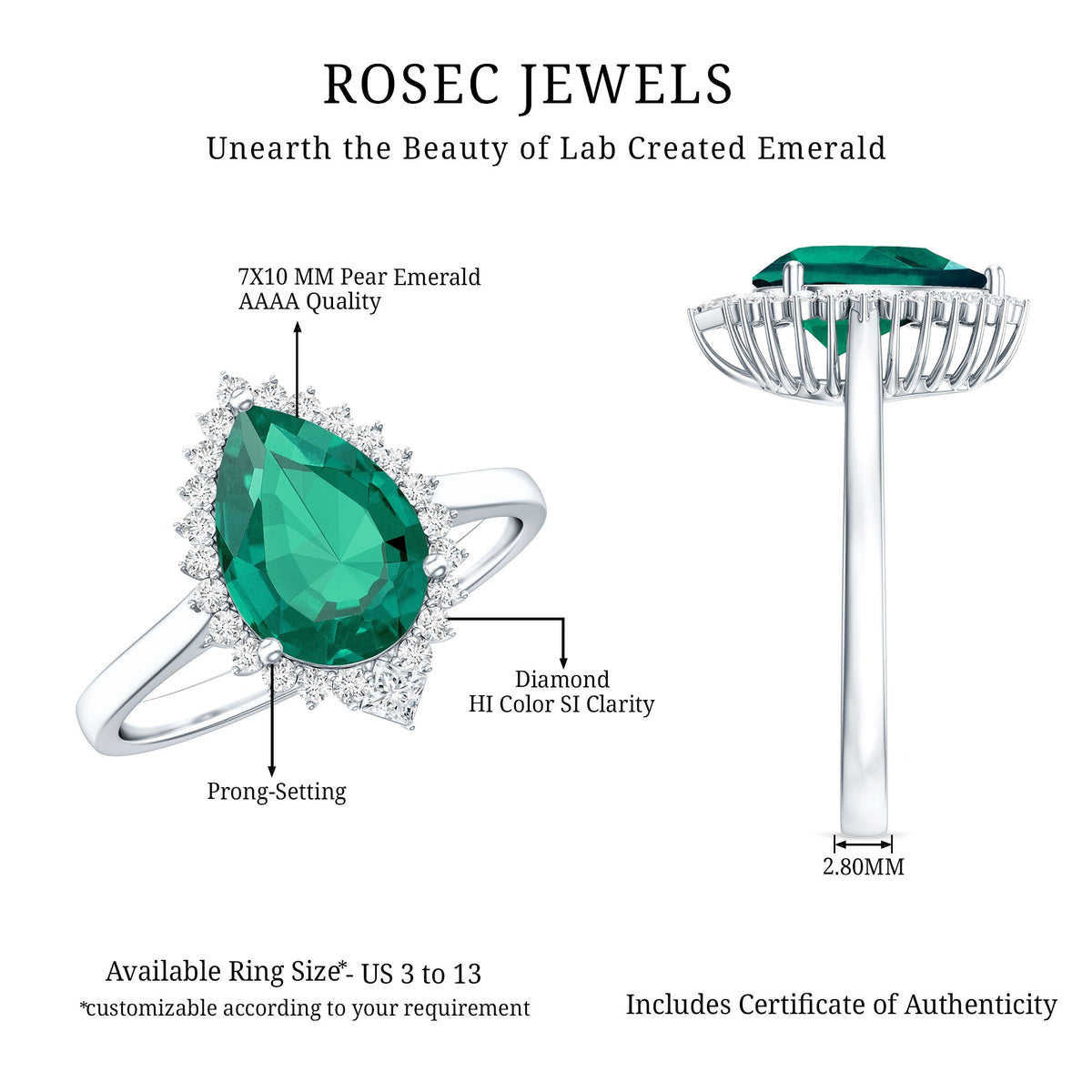 Certified 2 Carat Lab Grown Emerald Teardrop Engagement Ring with Diamond Halo