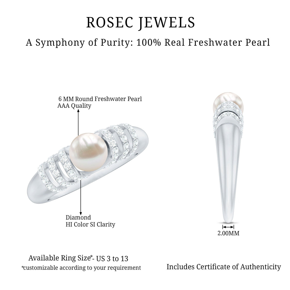 2 Carat Freshwater Pearl Diamond Engagement Ring for Women