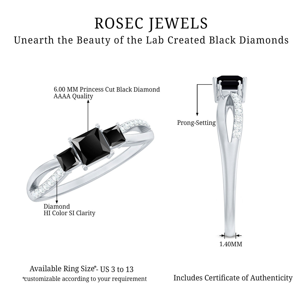 Certified 1 Carat Lab Grown Black Diamond 3 Stone Engagement Ring with White Diamond