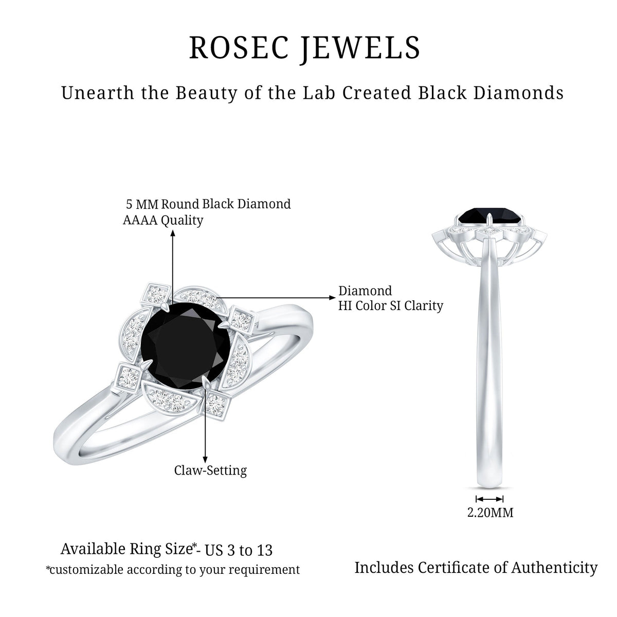 Vintage Lab Grown Black and White Diamond Engagement Ring