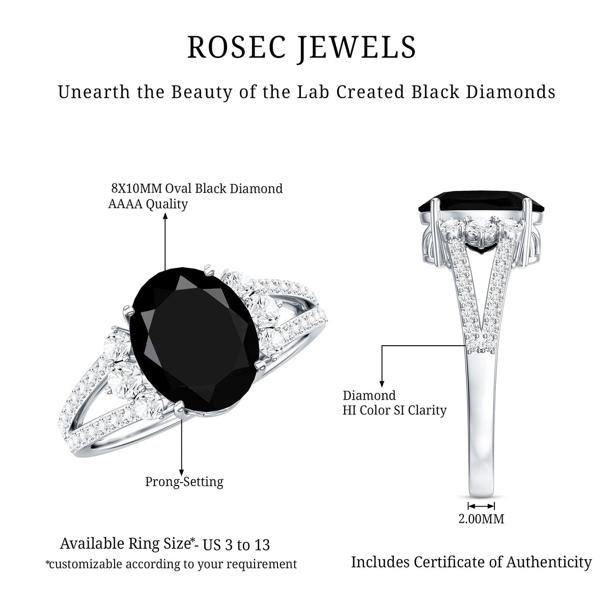 4.2 Carat Lab Grown Black Diamond Oval Engagement Ring with White Diamond Split Shank