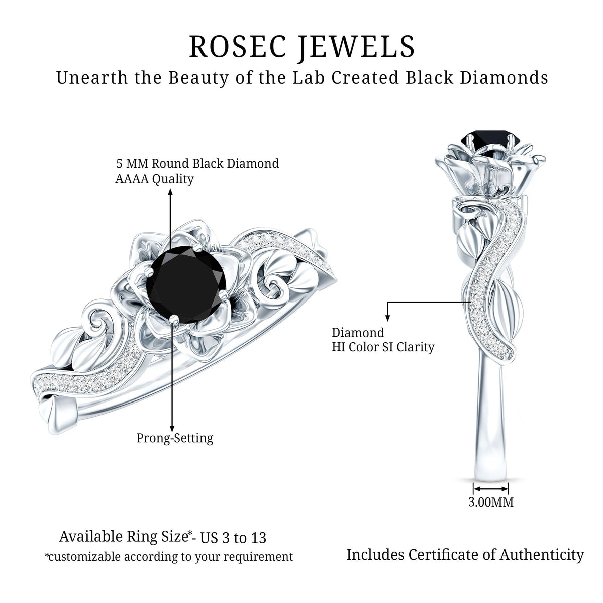 Lab Grown Black Diamond Floral Engagement Ring with White Diamond Accents