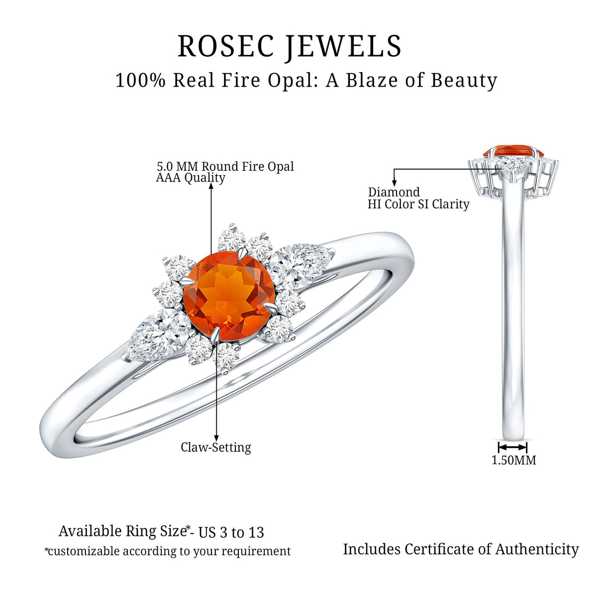 Claw Set Round Fire Opal and Diamond Promise Ring
