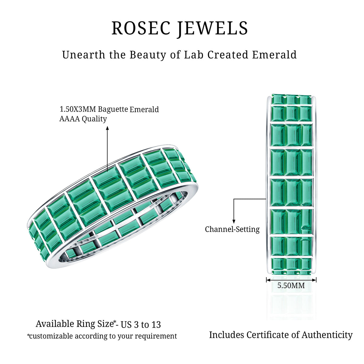 Baguette Cut Lab Grown Emerald 3 Row Eternity Band