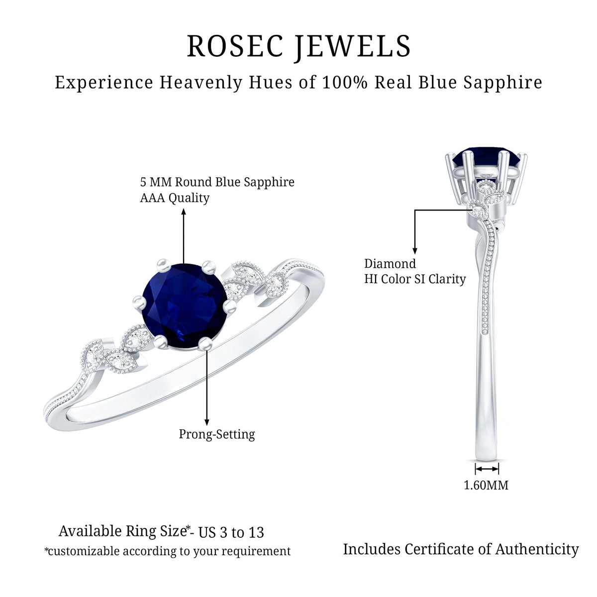Real Blue Sapphire and Diamond Leaf Inspired Promise Ring