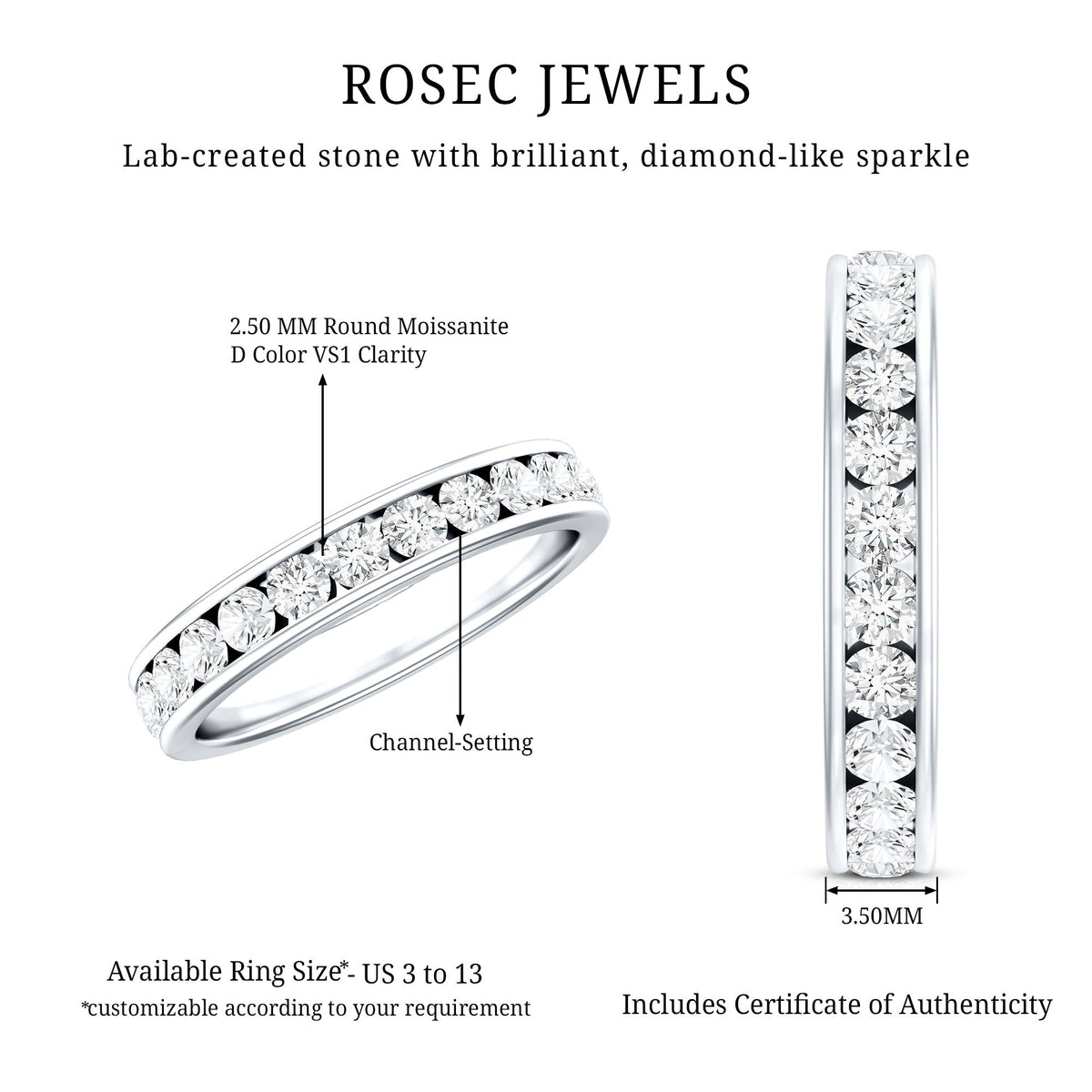 Certified Moissanite Channel Set Eternity Ring for Anniversary