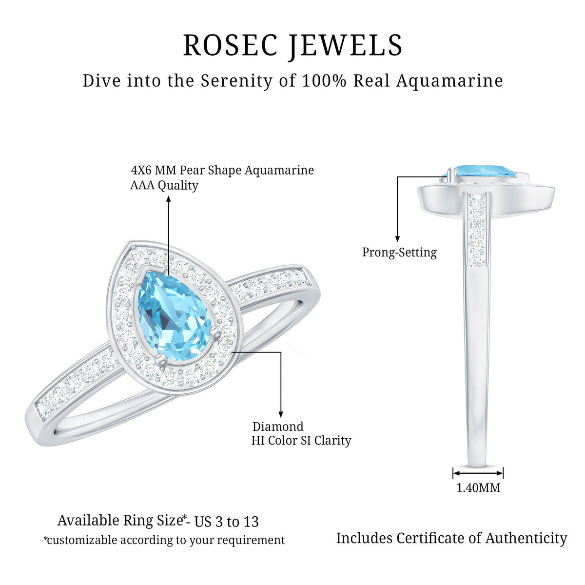 Natural Pear Shaped Aquamarine Engagement Ring with Diamond Halo