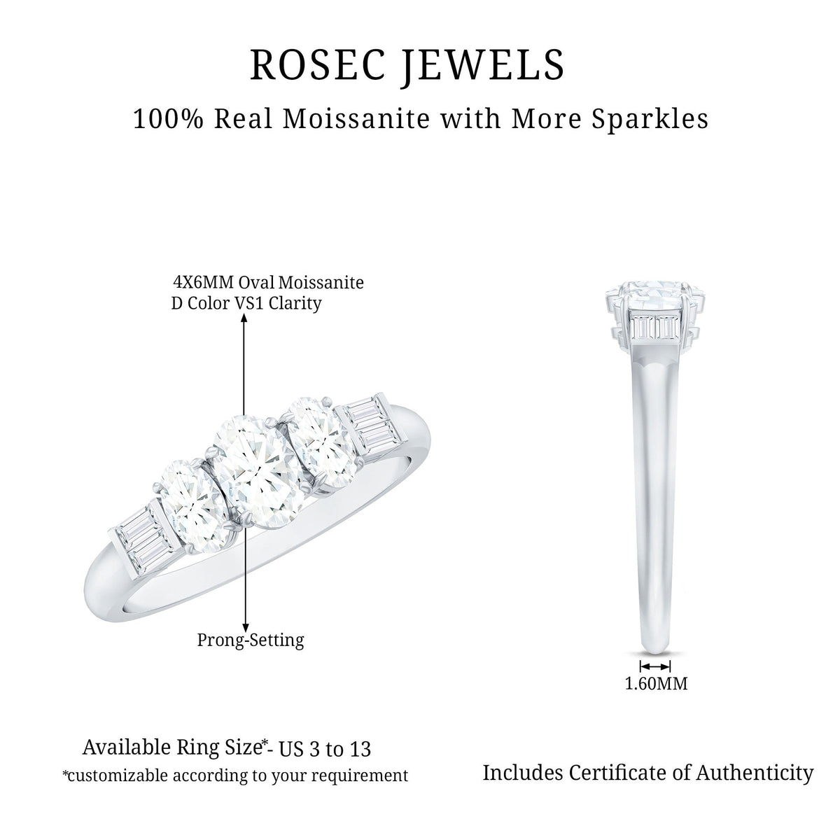 Oval Moissanite Three Stone Anniversary Ring for Women