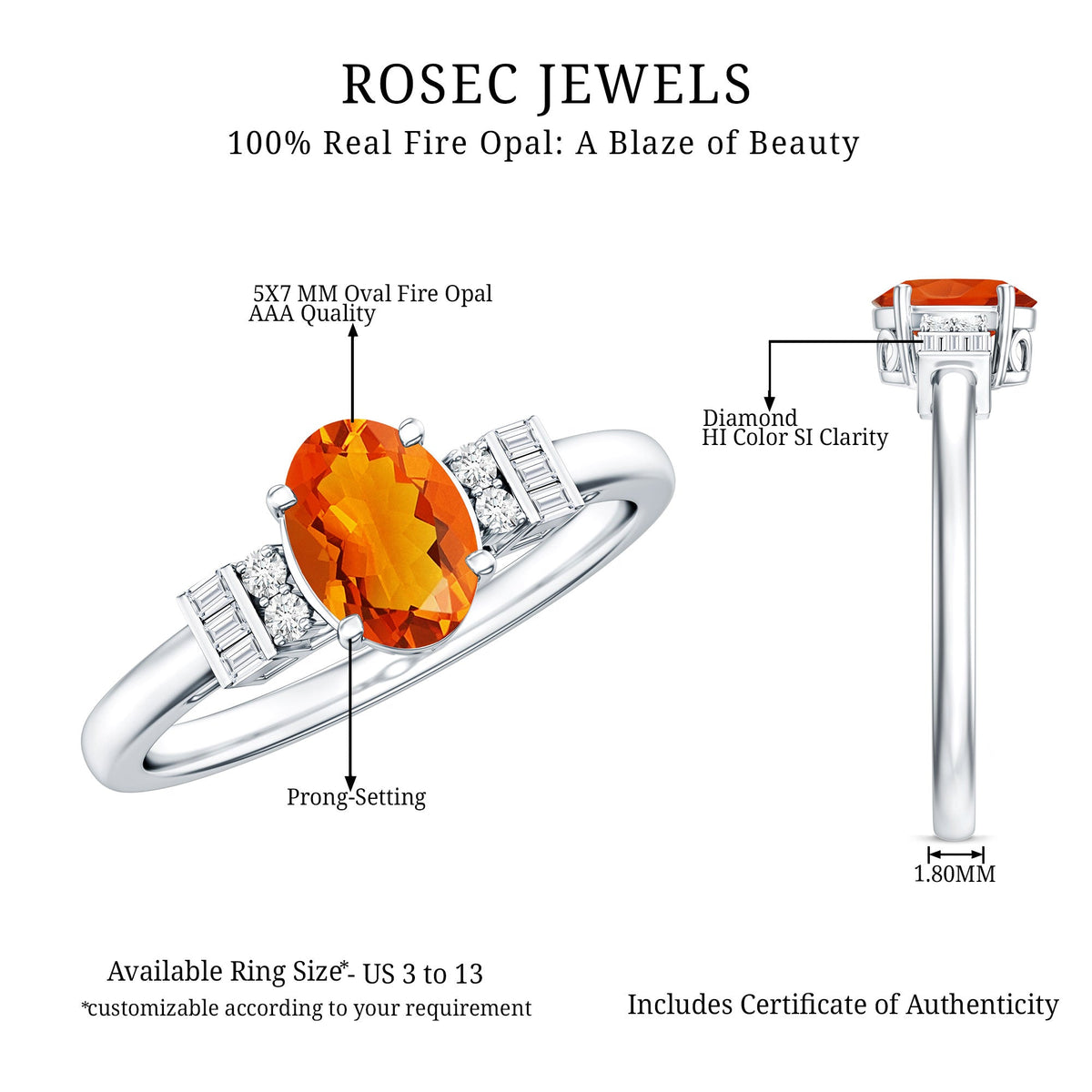 0.6 Carat Natural Oval Cut Fire Opal Classic Engagement Ring with Diamond