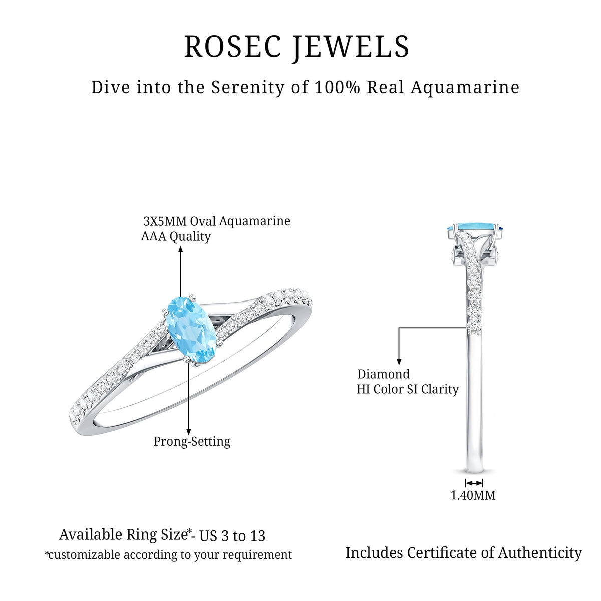 Natural Aquamarine Promise Ring with Diamond Split Shank