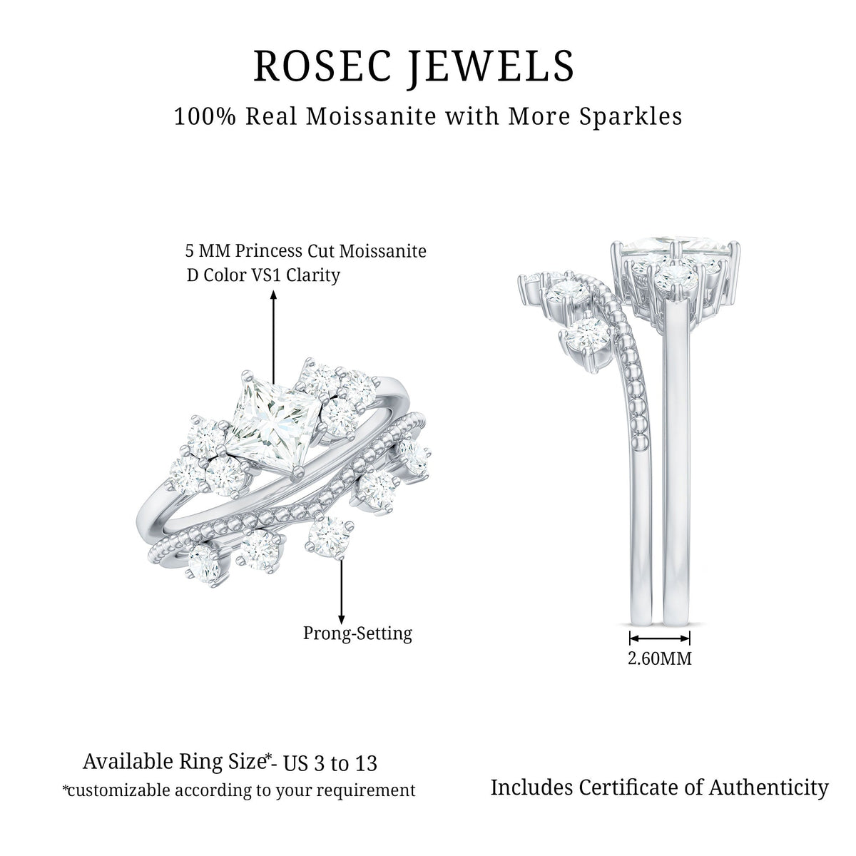 Princess and Round Cut Moissanite Wedding Ring Set