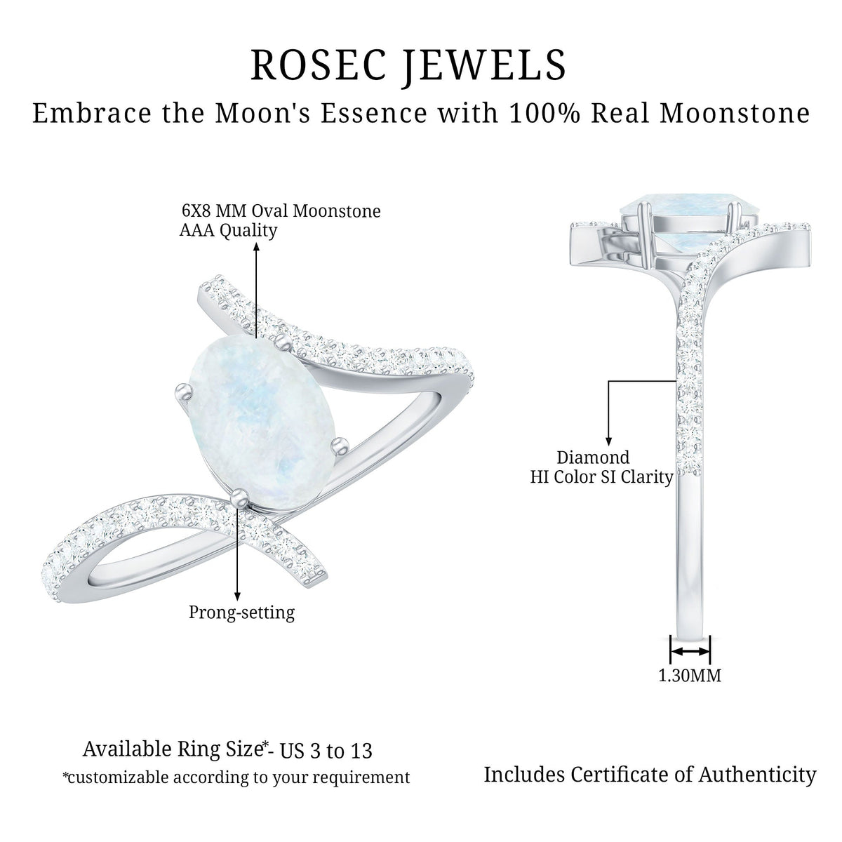 Oval Moonstone and Diamond Bypass Engagement Ring