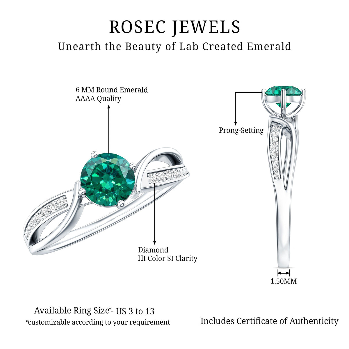 Certified Lab Grown Emerald Diamond Engagement Ring with Infinity Shank