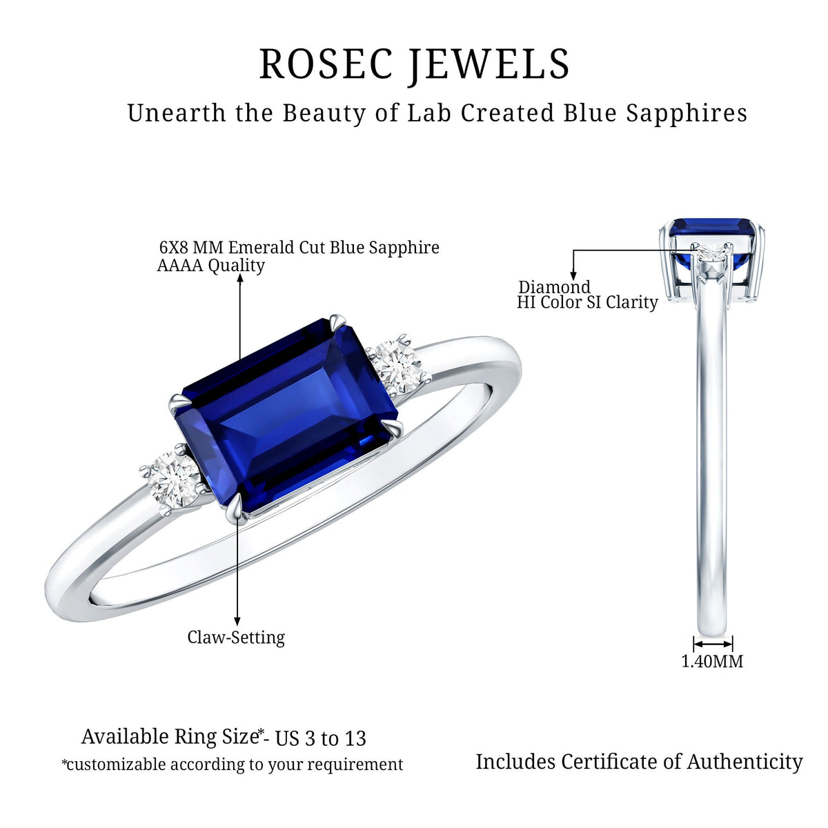 Octagon Cut Created Blue Sapphire East West Engagement Ring with Diamond