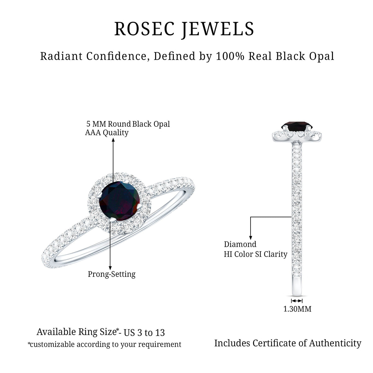 Genuine Black Opal Minimal Promise Ring with Diamond Halo