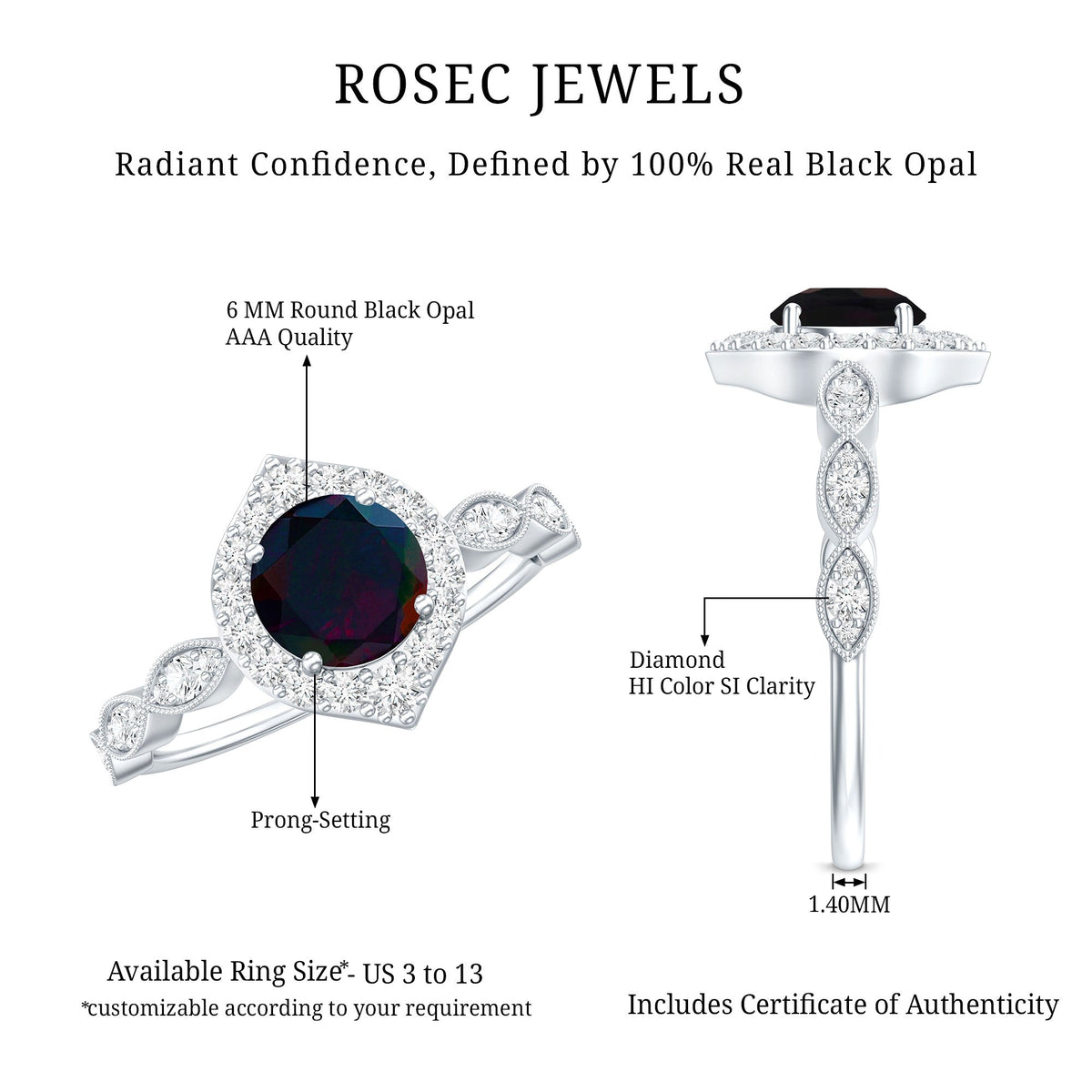 0.8 Carat Black Opal Vintage Engagement Ring with Diamond Accent