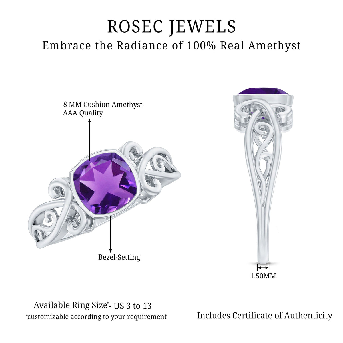 Vintage Style 2 Carat Amethyst Cushion Cut Engagement Ring in Bezel Set