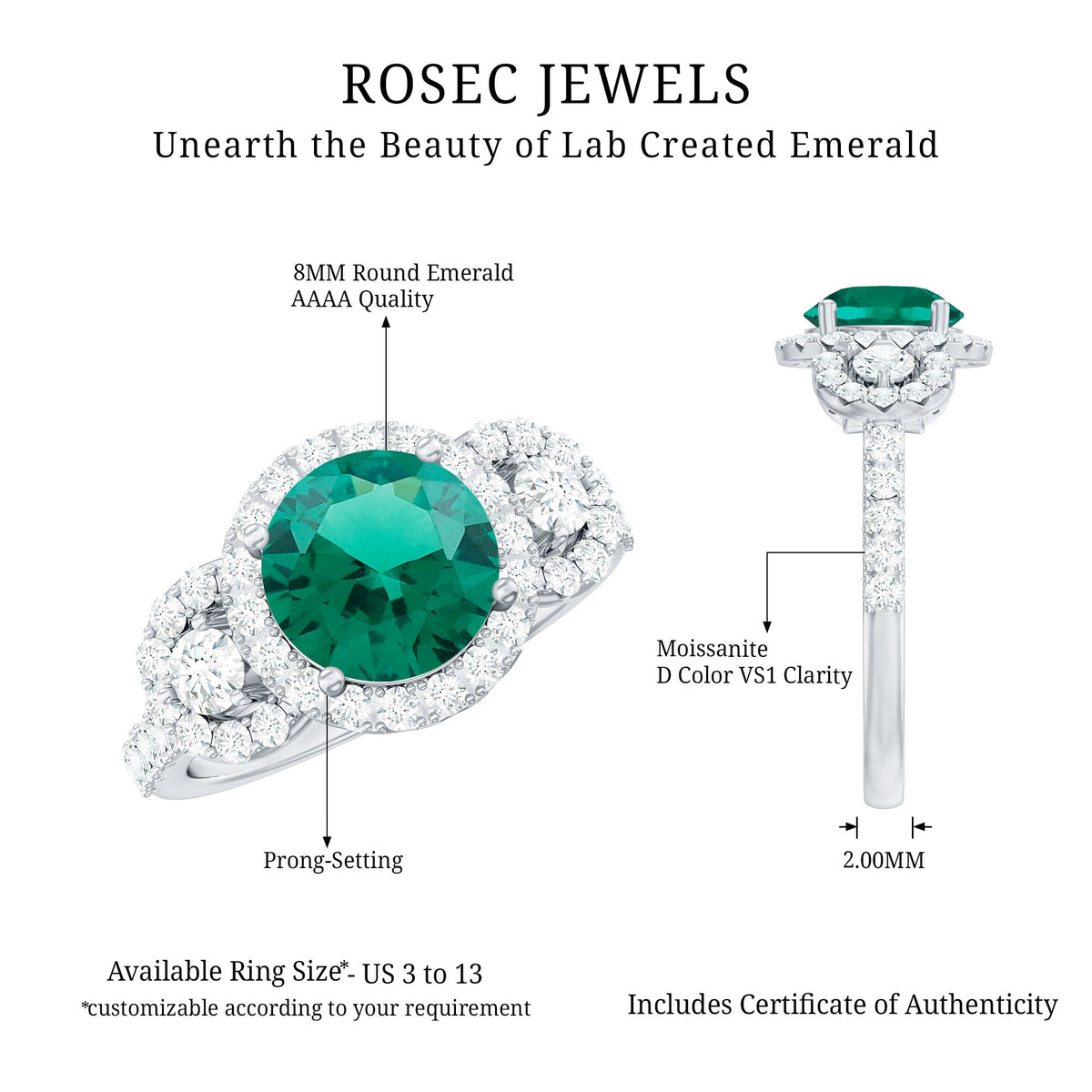 Certified 2 Carat Lab Grown Emerald Vintage Looking Engagement Ring with Moissanite