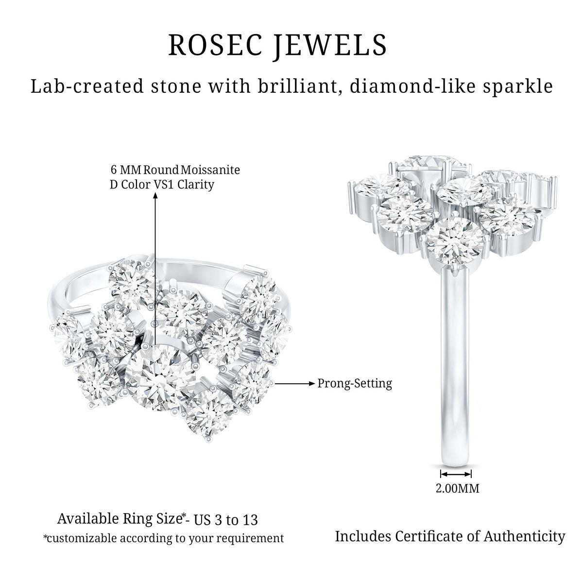 Certified Round Moissanite Cluster Engagement Ring for Women