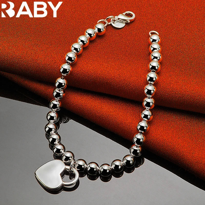 URBABY 925 Sterling Silver Smooth Beads Chain Heart Pendant Bracelet For Woman Wedding Party Fashion Jewelry Gift