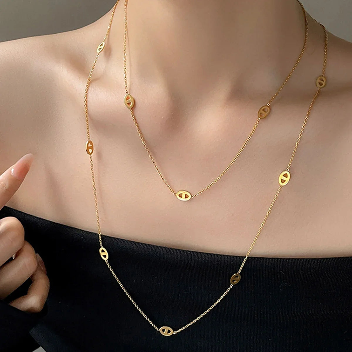 Premium Stainless Steel Long Necklace Trendy Pig Nose Style Y Shape Drop Pendant Waterproof Necklace for Women Girls Jewelry