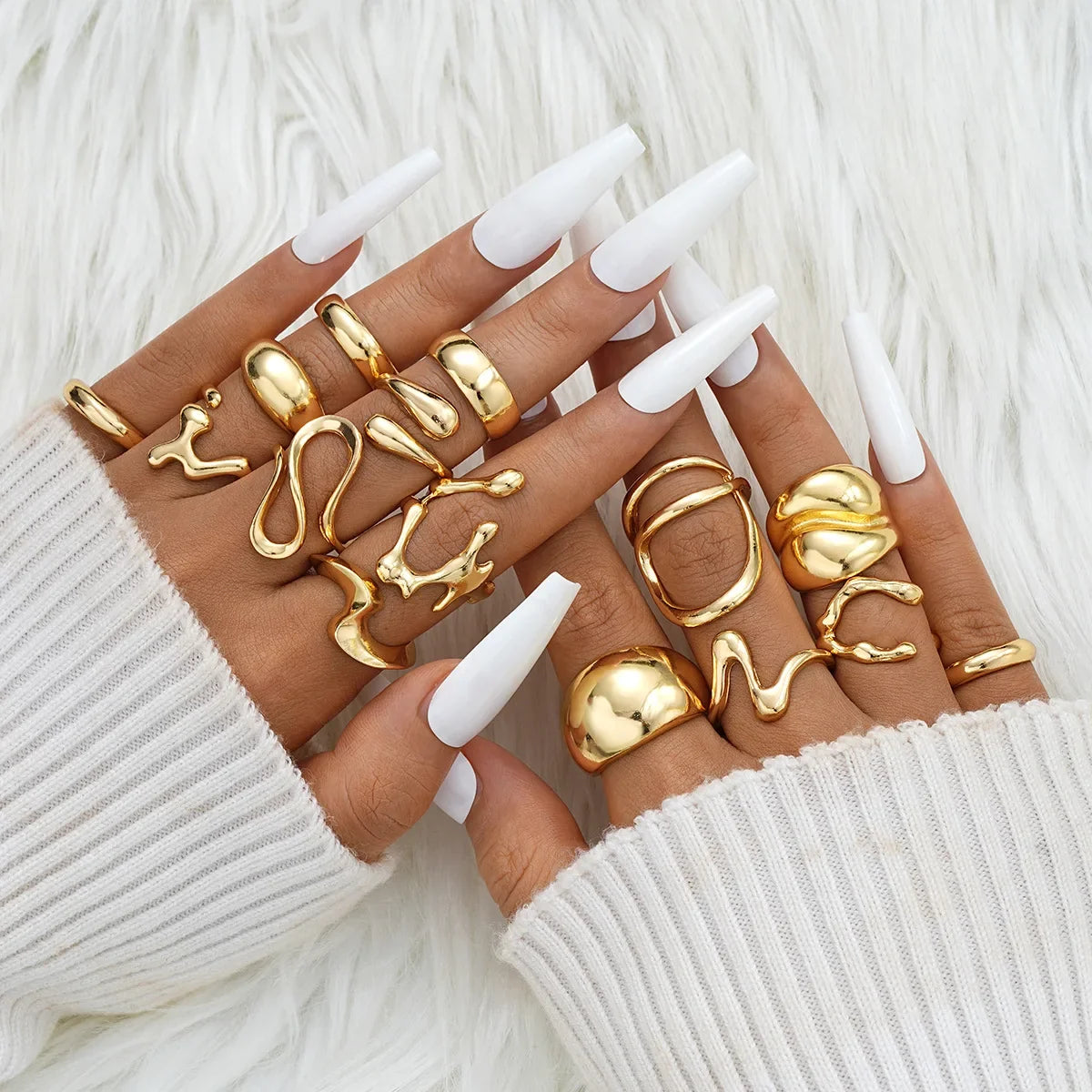 15Pcs Punk Smooth Geometric Open Rings Set For Women Exaggerated Irregular Silver Color Thick Chunky Ring Hip Hop Jewelry Gifts