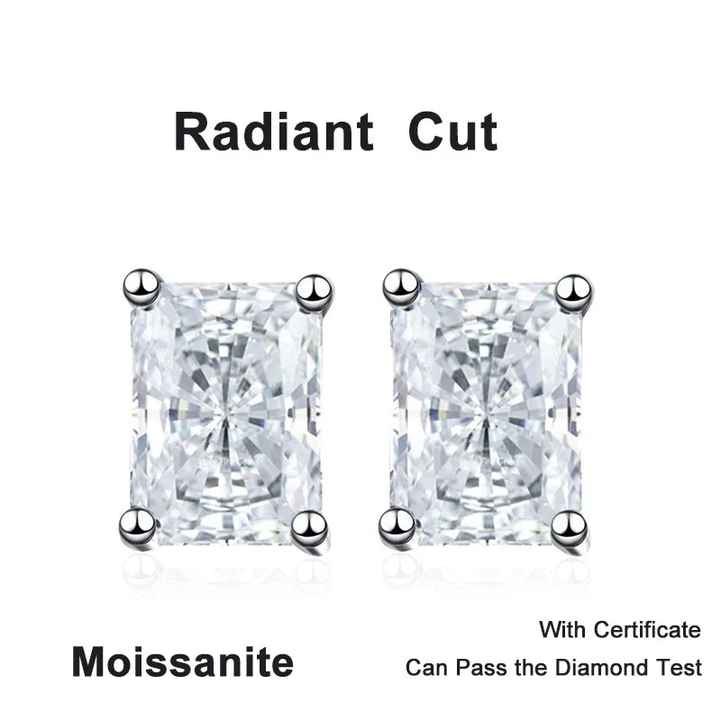 NeeTim 0.5CT 1CT 2CT Emerald Radiant Cut Moissanite Studs Earrings for Women Lab Diamond 925 Sterling Silver Earring Jewelry