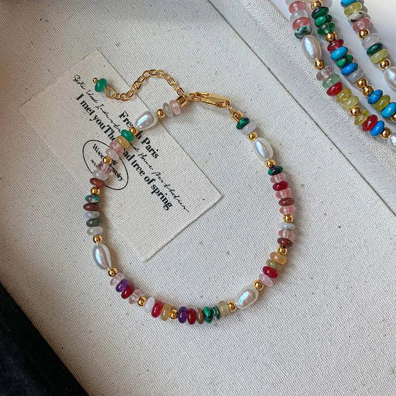 Fashion Colorful Beads Stone Natural Freshwater Pearl Necklaces For Women Retro Gold Color Clavicle Chain Necklace Jewelry Gifts
