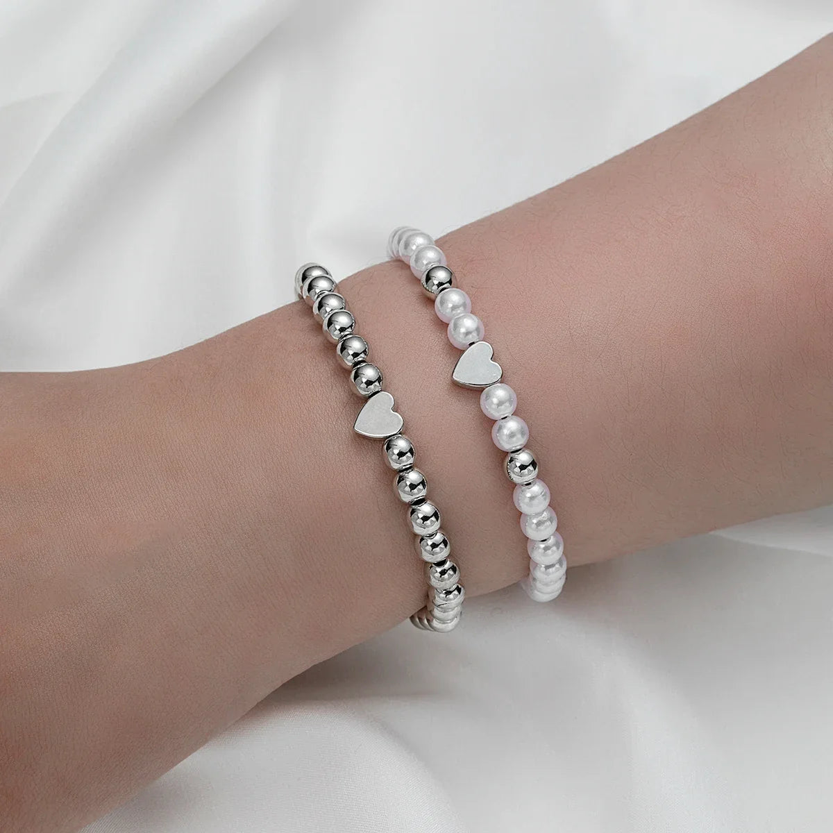 2 PSC Love Imitation Pearl Beaded Adjustable Rope Chain Valentine's Day Jewelry Gift Couple Bracelet