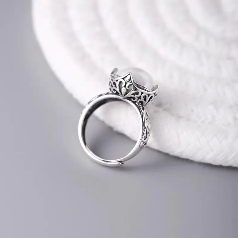 925 Sterling Silver Hollowed Pearl Adjustable Rings For Women Wedding Luxury Accessories Dropshipping