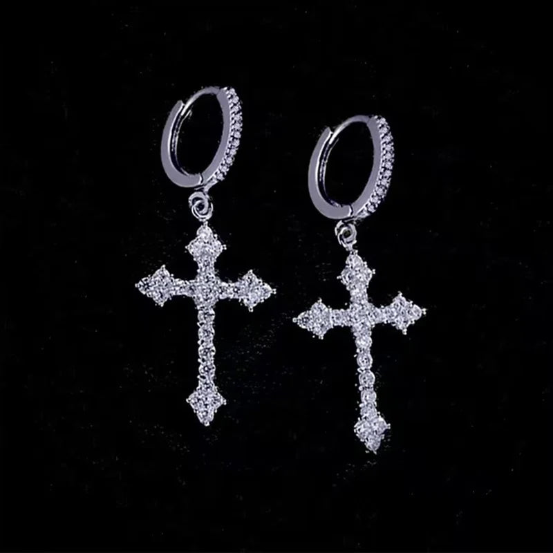 Creative Diamond Cross Earrings Stud Male Female Niche Design High-grade Trendy West Coast Hip Hop Hipster Style