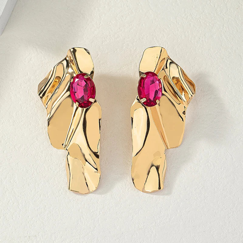 Obega Geometric Fuchsia Stone Earrings Warm Gold Color Flower Shape Women Earring Stud Party Beach Jewelry For Girls