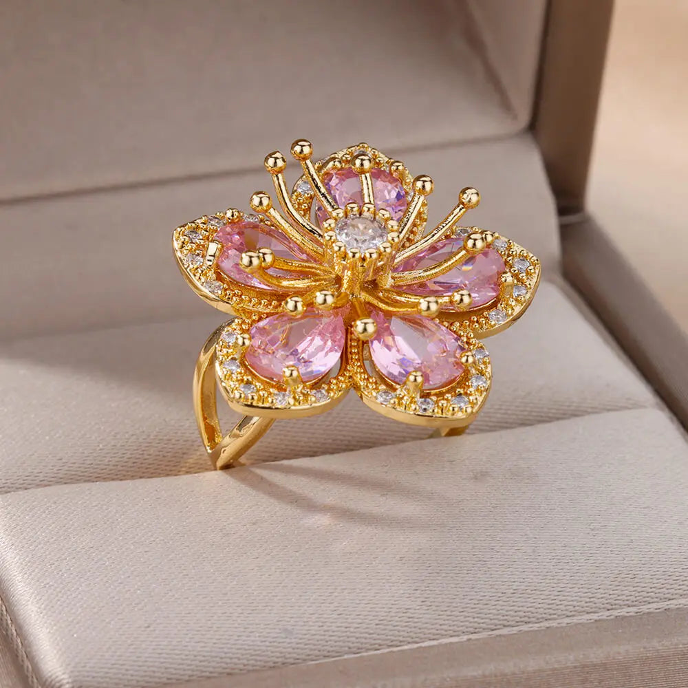 Stainless Steel Flower Big Open Rings For Women Gold Color Imitation Pearl Hollow Out Ring Trendy Aesthetic Jewerly Gifts