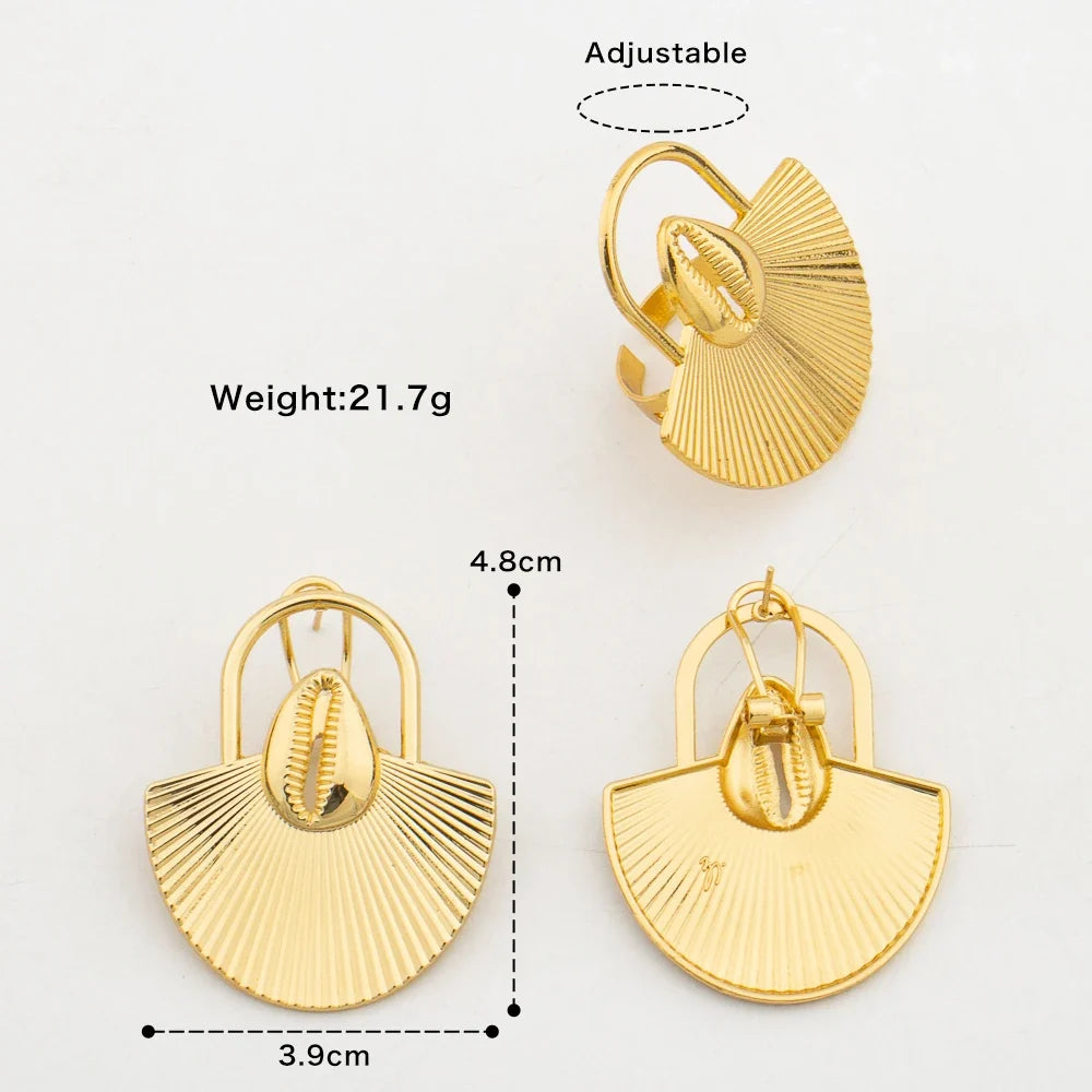 Brazilian Gold Color Earrings with Ring Jewelry Set for Party Hollow Out Design Big Earrings Finger Ring 2Pcs Set for Engagement