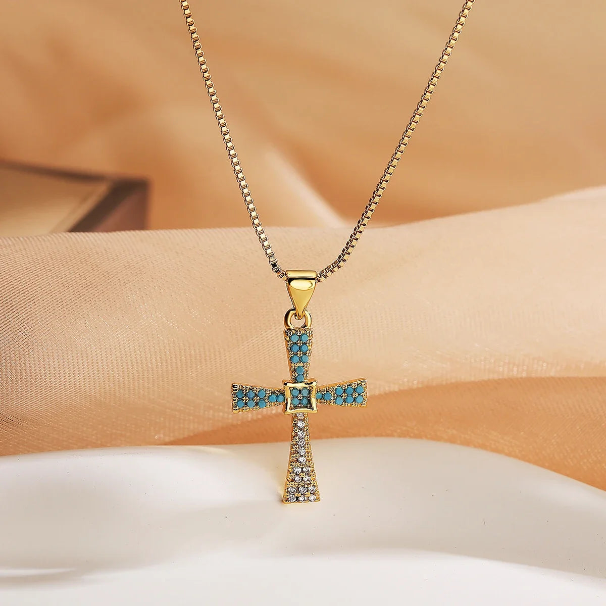 NEWBUY 2025 New Coming Cross Pendant Necklace For Women Gold Color Copper Jewelry Full CZ Zircon Inlay
