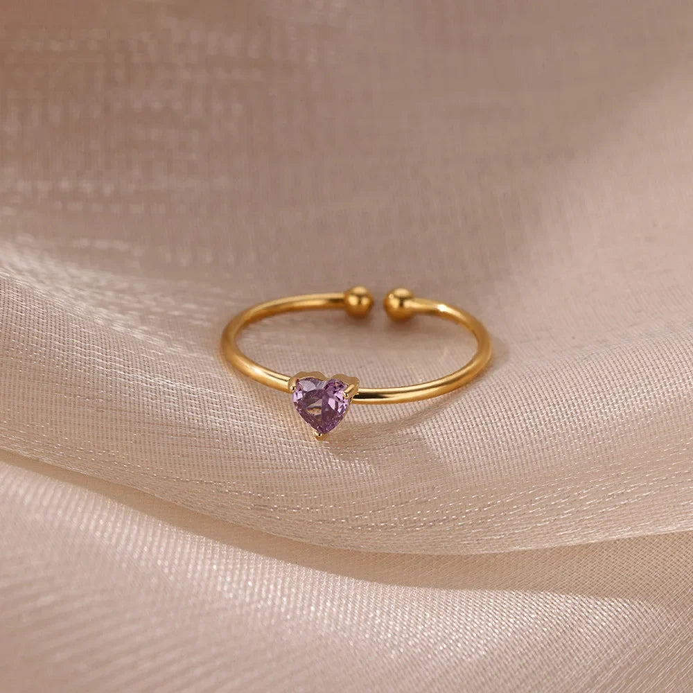 Stainless Steel Birthstone Open Rings for Women Fashion 12-color Crystal Zircon Heart Ring Birthday Aesthetic Jewelry Gift